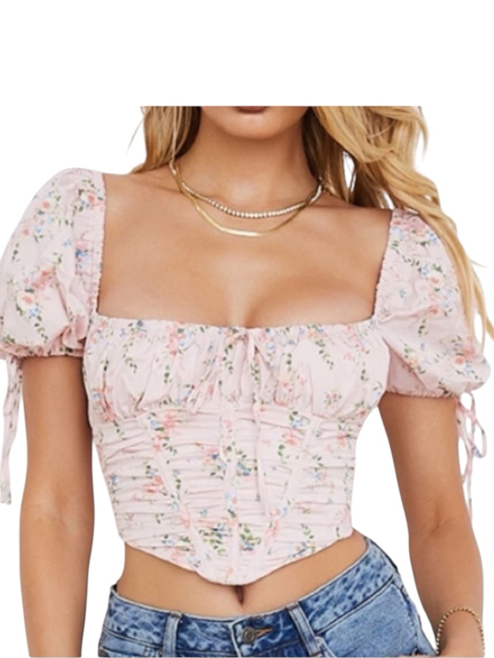 House of CB GRACIE PINK FLORAL PUFF SLEEVE CORSET TOP Size Large New with Tag